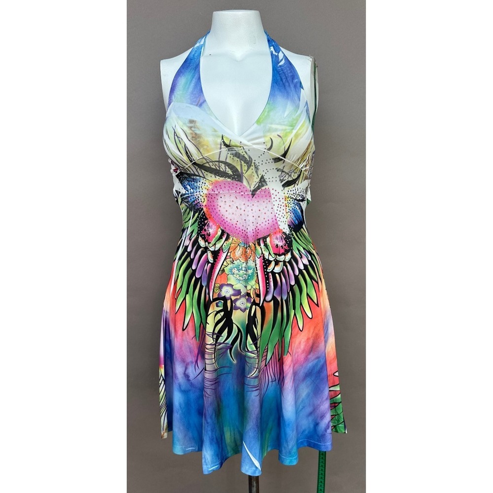 Tattoo Rhinestone Studded Mini Dress Halter V-Neck S/M Glam Sexy Fit & Flare NWT